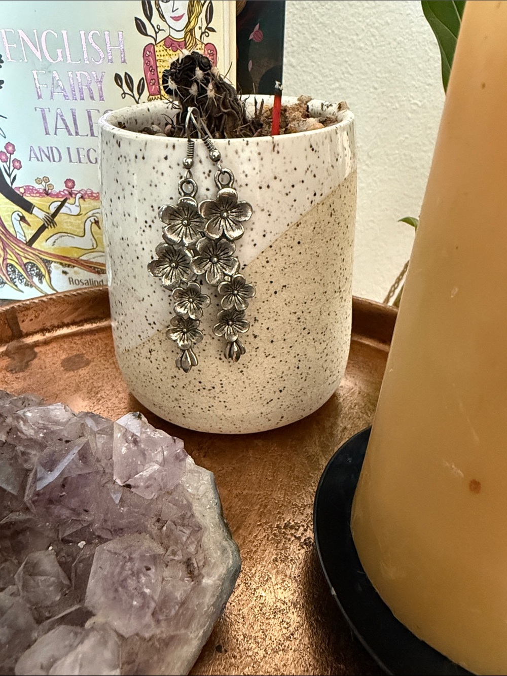 Dropping Cherry Blossom Dangling Floral Drop Earrings in brushed Silver tone